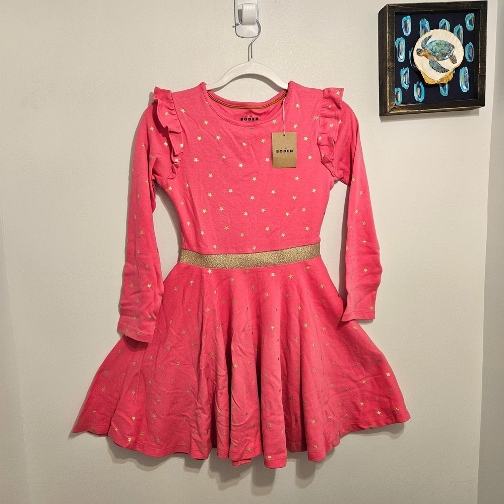 Mini Boden NWT Mabel Cotton Twirly Ballerina Long Sleeve Dress 10 Pink Gold Star